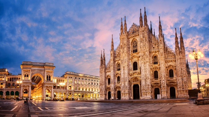 Street view of buildings in Milan, Italy