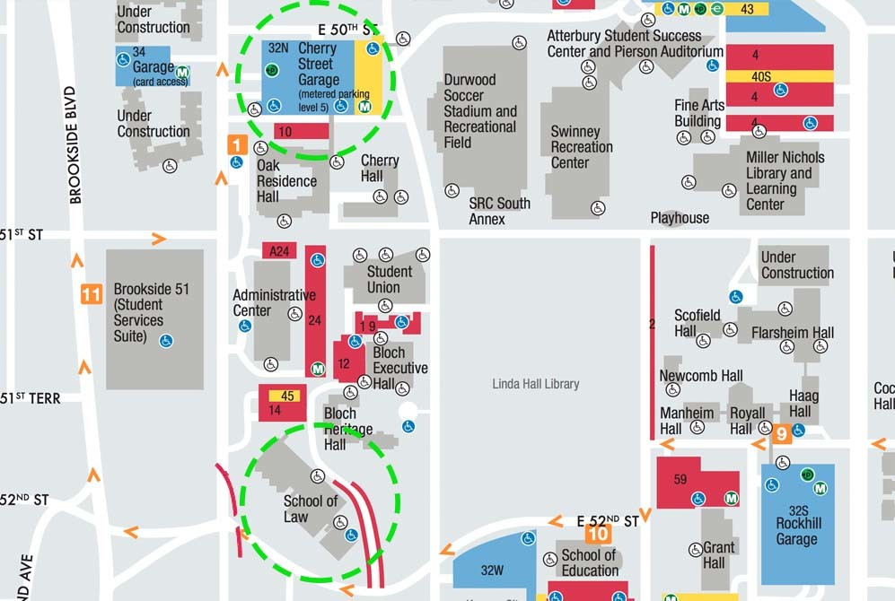 map of UMKC campus with visitor parking circled