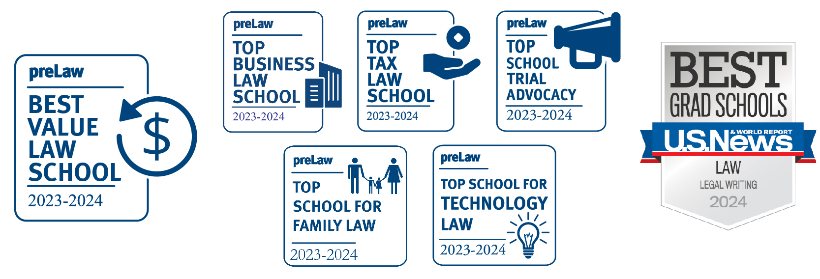 Badges describe the UMKC rankings including Best Value Law School and Top School for Family Law, Technology Law, Business Law, Tax Law and Trial Advocacy and a Best Grad School for Law Legal Writing by 2024 U.S. News and World Report. 